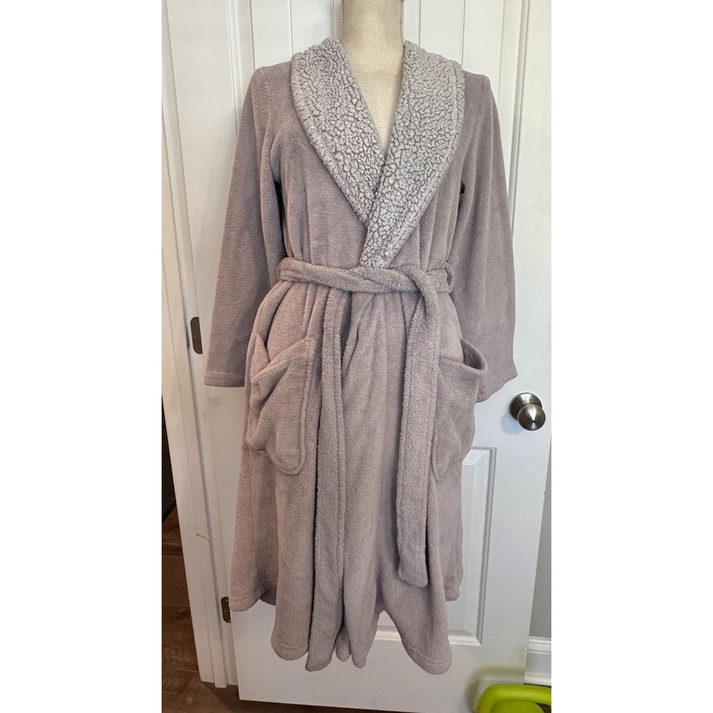 Ulta Beauty Women's Gray Fleece Sherpa Trim Collared Belted Tie Robe S